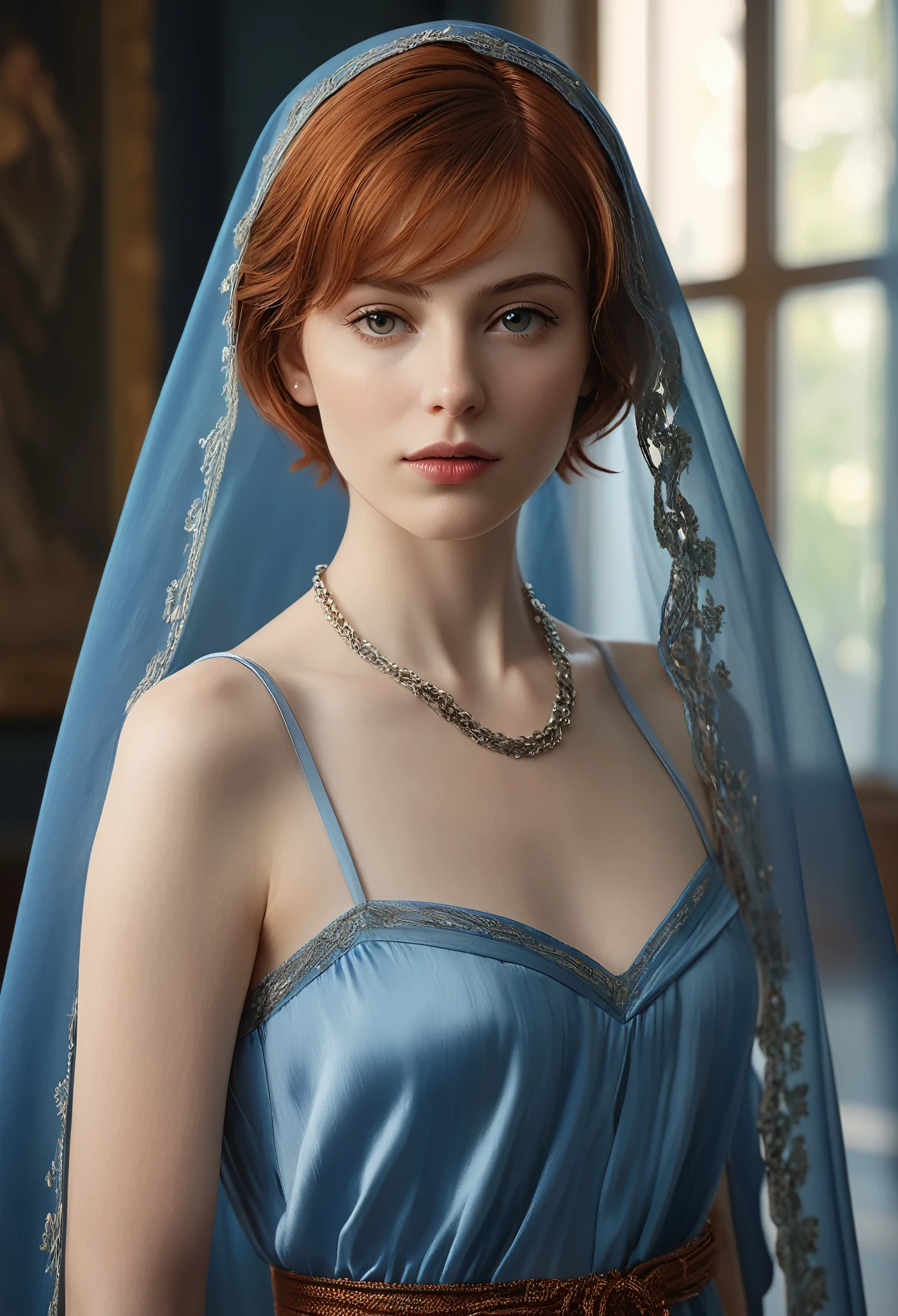 (best quality,4k,8k,highres,masterpiece:1.2),ultra-detailed,(realistic,photorealistic,photo-realistic:1.37),A raw portrait photo of ceciliadeo1sd, with short pixie auburn hair, pale skin, and a slender figure, set against a room background with a blue silk veil and a thin silk chain belt, (extremely detailed skin:1.2), 8K ultra HD, digital SLR camera, soft lighting, high quality, film grain, Fujifilm XT3