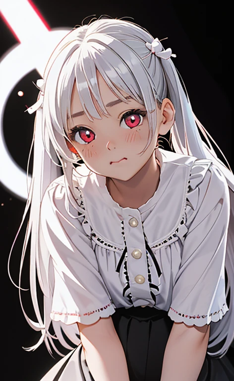 (Photorealistic:1.4)、asuna,(masterpiece、lens flare:1.5、spot light:1.2、Exquisite beautiful eyeonochrome:1.5,portlate、)(looking up at viewer),()
、Cute Face、 3D Face、(pearl white hair:1.5、Straight Hair)、(twintails),(1 Girl)、(Red eyes:1.2)、(cowboy shot)、(Puff out your cheeks:1.7),()、 (Cute face:1.2),(small breasts),(),kind face,(white lace frilled shirt),(black background:1.5)、(glowing eyes:1.3)、()、 Neat and clean、Adorable、Slim Body(Tareme:1.5),Shiny Hair、(Glowing pink Skin)、Nijisketch,Manga,zydG