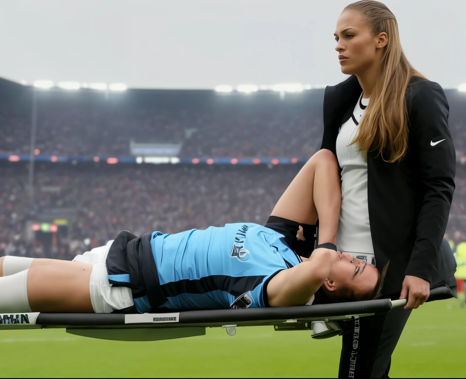 man on a stretcher, carried by a concerned standing woman, A football scene in a stadium Jennifer Lopez in a black glossy plastic coat in front of us with an angry face and an extremely horrified and desperate expression from right to left across the football field, Jennifer Lopez carries in a horizontal orientation a stretcher on which an verletzt footballer lies in dull and dusty blue sportswear, The footballer lies sideways on the stretcher, the legs slightly bent and the upper body turned towards us, and has both arms bent and his hands in front of his face, The footballer&#39;s head on the stretcher lies near Jennifer Lopez&#39;s jet black plastic coat and is hidden by the footballer&#39;s akimbo arms and hands, The footballer in the Cotton Sportswear mat has his hands clasped in front of his face in pain, exuding an aura of pain and sadness, Jennifer Lopez in the shiny black plastic puffer coat carries the verletzt soccer player on the stretcher which she carries before our eyes over the soccer field, In the background you can see the occupied stands of the Italian football stadium, A football match in Italy, Sportverletzung, Transport auf der Trage, Jennifer Lopez, high resolution photo, ultrarealistisches Foto, photorealistischer Schuss, Super high-resolution and sharp photo, Shiny black plastic burqa, bester Schuss, Beeindruckendes Gewinnerfoto, realistischer Schuss, perfekter Schuss, verletzt, intense momentl, 📷