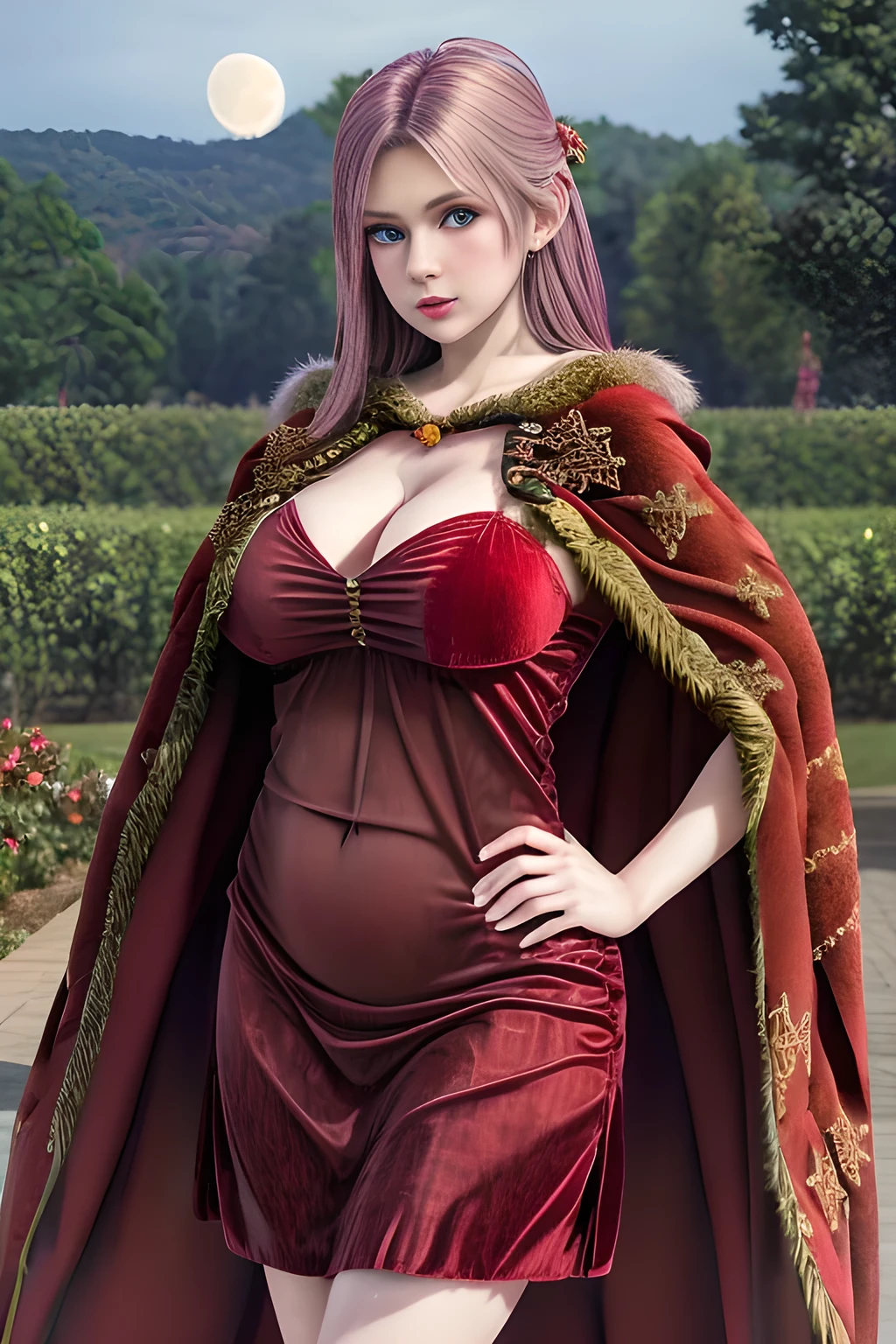 1girl,(RED theme: 1.2), (Velvet fabric nightgown: 1.2), (Koch snowflake cloak: 1.5), ,garden,moon,huge breasts,lactating,(lip gloss),(masterpiece), best quality, (real life portrait photography:1.5),unltra detailed,8K,Shot with a professional-grade camera like the Nikon D850,every intricate detail is captured, from the subtlest expression to the glimmer of anticipation in her eyes,Focus on thighs and above,solo,  elise,