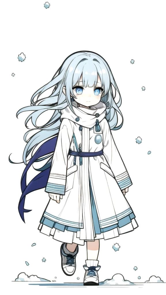 best quality, chibi, 1 girl,blue hair,(full body), Pure white background,Vivid,clearly,sad face,rain,Walking,snow,Are crying,shout,I have a letter,blue gem eyes,