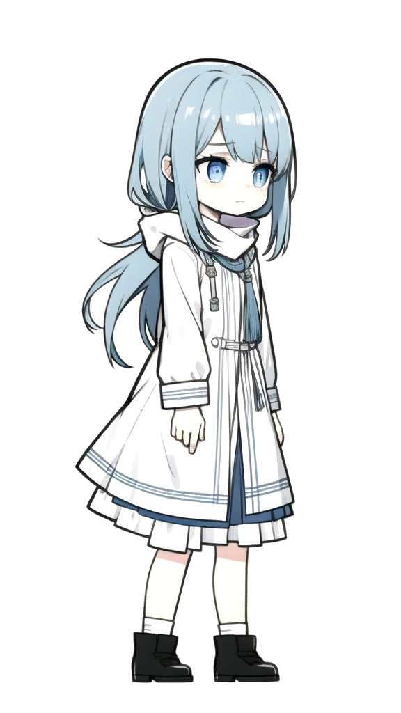 best quality, chibi, 1 girl,blue hair,(full body), Pure white background,Vivid,clearly,sad face,rain,Walking,snow,Are crying,shout,I have a letter,blue gem eyes,