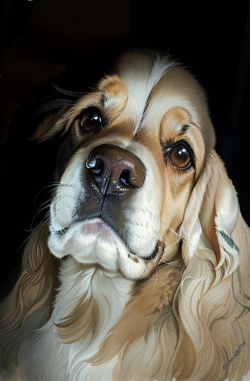 portrait of a dog, spaniel, who looks at the camera, face close up, detailed face of Hailey, slightly larger nose, close-up portrait, face close up, face close up, Enlarged portrait of the Duke, Daisy, with a narrow nose, Wide Nose!!!, close-up portrait, Looking towards the camera, small upturned nose, Pencil portrait+Watercolor, long eyelashes, long wool, long floppy ears