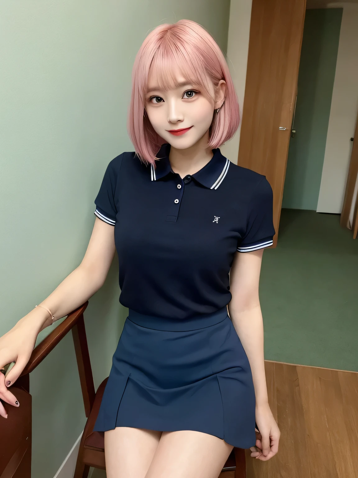 highest quality, figure, sexy、slender、Navy blue open front polo shirt、sexy very detailed, Fine details,Slim body、slender、Japanese girl、 High resolution, 8k,wallpaper, Perfect dynamic composition, Beautiful fine details, Short Bob Hair、Pink Hair Color,Big Natural Color Lip, Bold sexy pose,smile、Cold Stare,20-year-old girl、Cute type、ta、Good Eyes、whole body,Pink wall,Sitting on a chair、Sexy thighs are visible、Navy blue mini skirt、