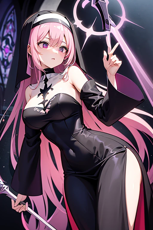 A pink haired nun with violet eyes with an hourglass figure in gothic robes is spinning her scythe in an ancient church