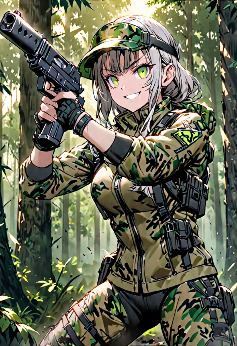 solo, female, sfw, medium shot, cybog, completely augmented, combat, action pose, ready to fight, forest, smile, visor, firearm, camouflage
