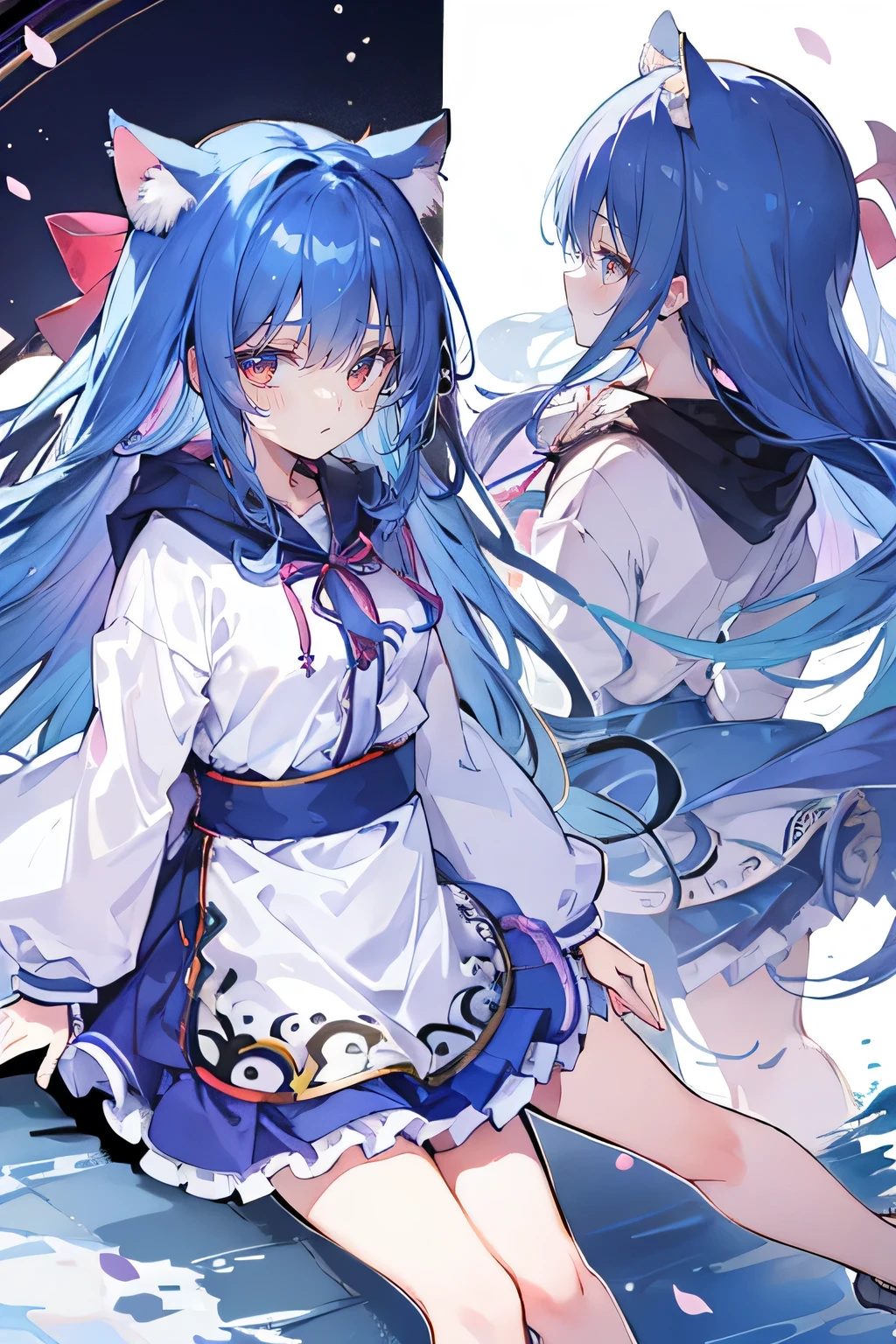 (masterpiece:1.2),Super detailed,lifelike,Expressive eyes,fair skin,perfect face shape,1 girl,
Japanese comics,Gorgeous blue hair,flowing blue hair,flowing clothes,Cat ears,Petals fall,beautiful lola,Baby Angel,
Shaking head with one hand,Cross your legs,Gentle and peaceful background,The pavilion is cool and comfortable,smile, wearing hoodie, background of tokyo,back views,snowing, winter,lie on the water.