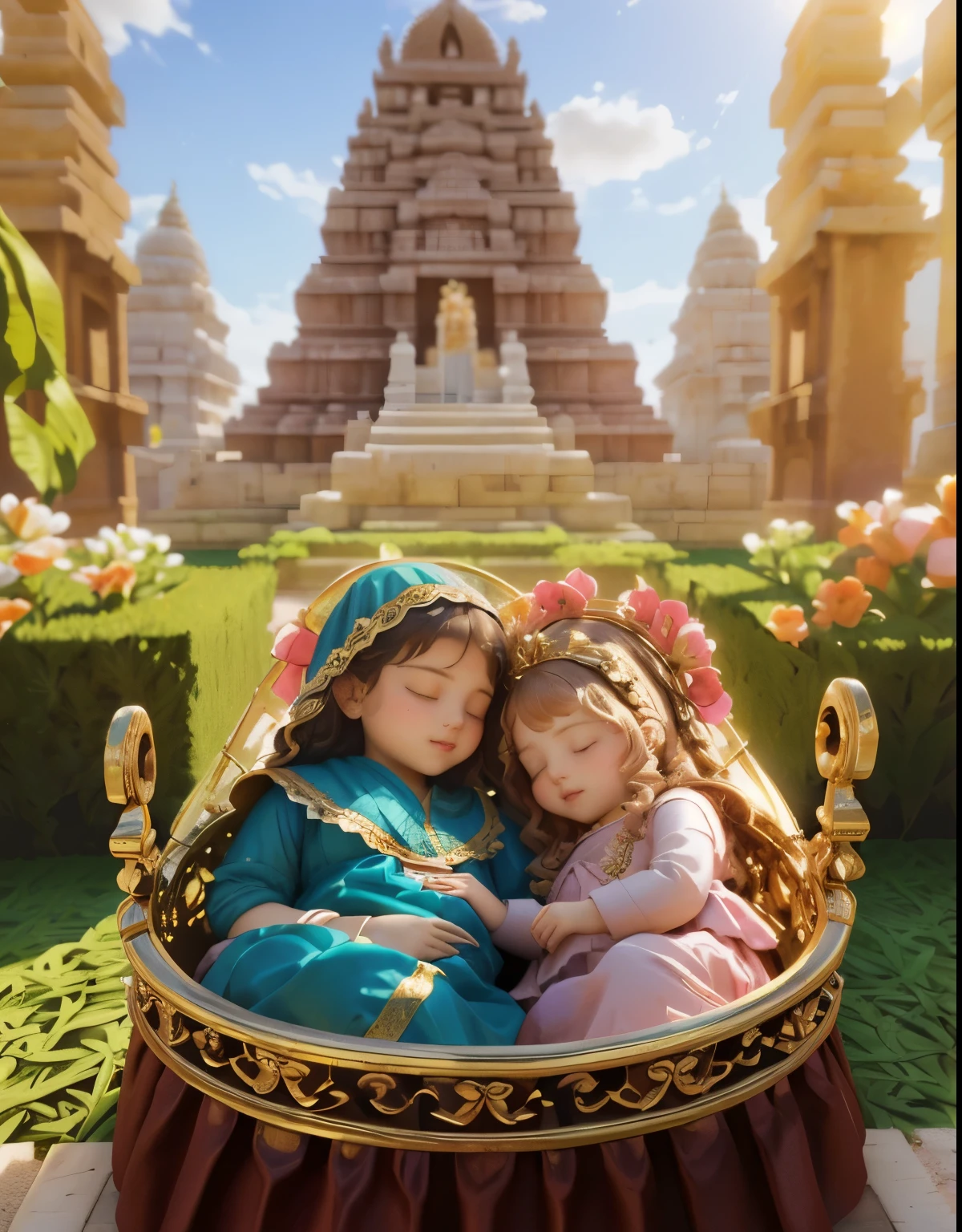 there are two babies sleeping in a basket in a garden, infront of Tanjore temple inspired by Anne Geddes, inspired by Sophie Anderson, matte painting portrait shot, temple background, by Anne Geddes, fantasy matte painting,cute, 3 d maya render, 3 d render and matte painting, maya, inspired by Lawrence Alma-Tadema, maya 8 k, with jesus