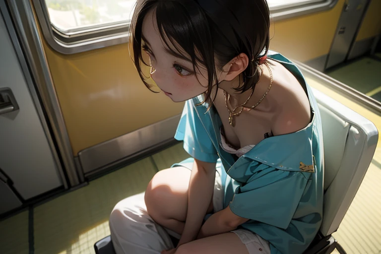1 girl, highest quality, super high resolution, super detailed skin, physically based rendering, small , flat chest, down blouse, (14 yearse student, decorated detailed bra, overlapping short sleeve blouse, small breasts, full), sisquatting on train, short hair, necklace, close-up, from top left, focus on breasts, high brightness