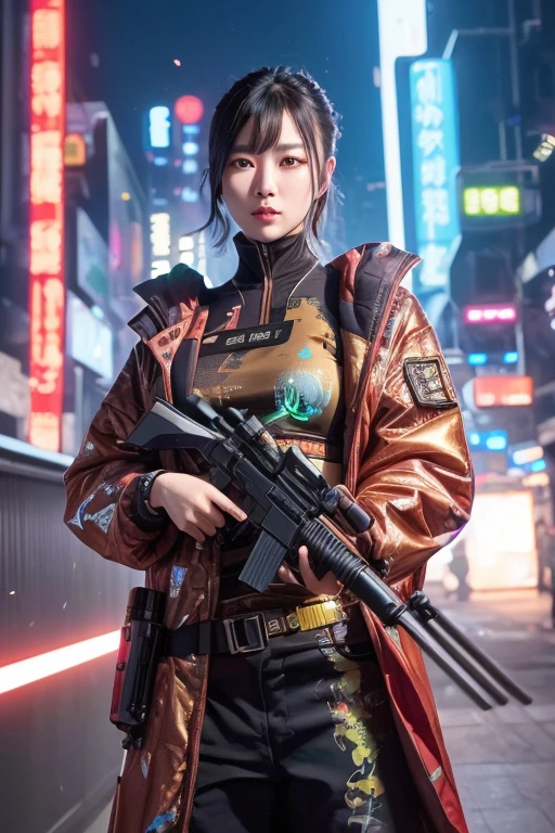 Digital Cyberpunk Art、highest quality、Ultra-high quality CG Unity 8K、Cyberpunk Chinese Dress、Shiny metallic、(hold a gun and take aim)