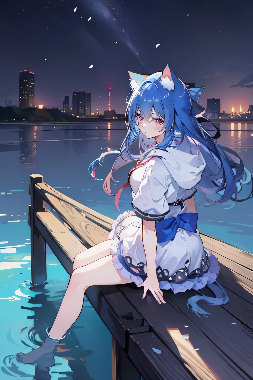 （masterpiece：1.2），Super detailed，lifelike，Expressive eyes，fair skin，perfect face shape，1 girl，
Japanese comics,Gorgeous blue hair,flowing blue hair,flowing clothes,Cat ears,Petals fall,beautiful lola,Baby Angel,
Shaking head with one hand，Cross your legs，Gentle and peaceful background，The pavilion is cool and comfortable,smile, wearing hoodie, background of tokyo,back views,snowing, winter,lie on the water.