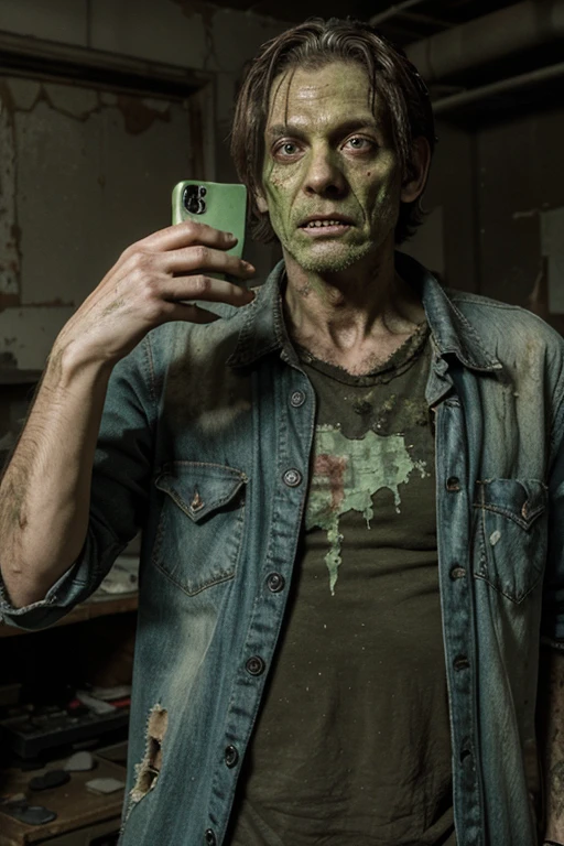 Zombie, male, middle-aged, decay, green skin, whole body, tattered clothes, touching a smartphone