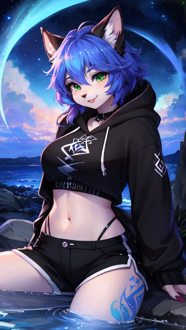 A beautiful and detailed (sweet portrait) von ((Kristal)), Sternenfuchs Kristal, Schlank, liebenswert, green eyes, medium breasts, (((Lange blaue Haare 1.3))), Dekollete, Grinsen, hoch schauen,, anthro, Pelzig, Hochgeladen E621, detailed flauschige fur, (von Fluff-Kevlar, Bayard Wu, Personalami, Pino Daeni), detailliertes Gesicht, (flauschige), 1 girl, tattooed arms, dunkle Schatten, smiling, An einem Strand, in der Nacht, Sterne im Himmel, dunkelblauer Himmel, lit by a campfire, 4k, Gothic-Stil, lulu, Final Fantasy, :P,  Kurzer Hoodie, Croptop,
3/4 Ansicht, Dreiviertelansicht,
dynamische Szene,
sexy Pose,