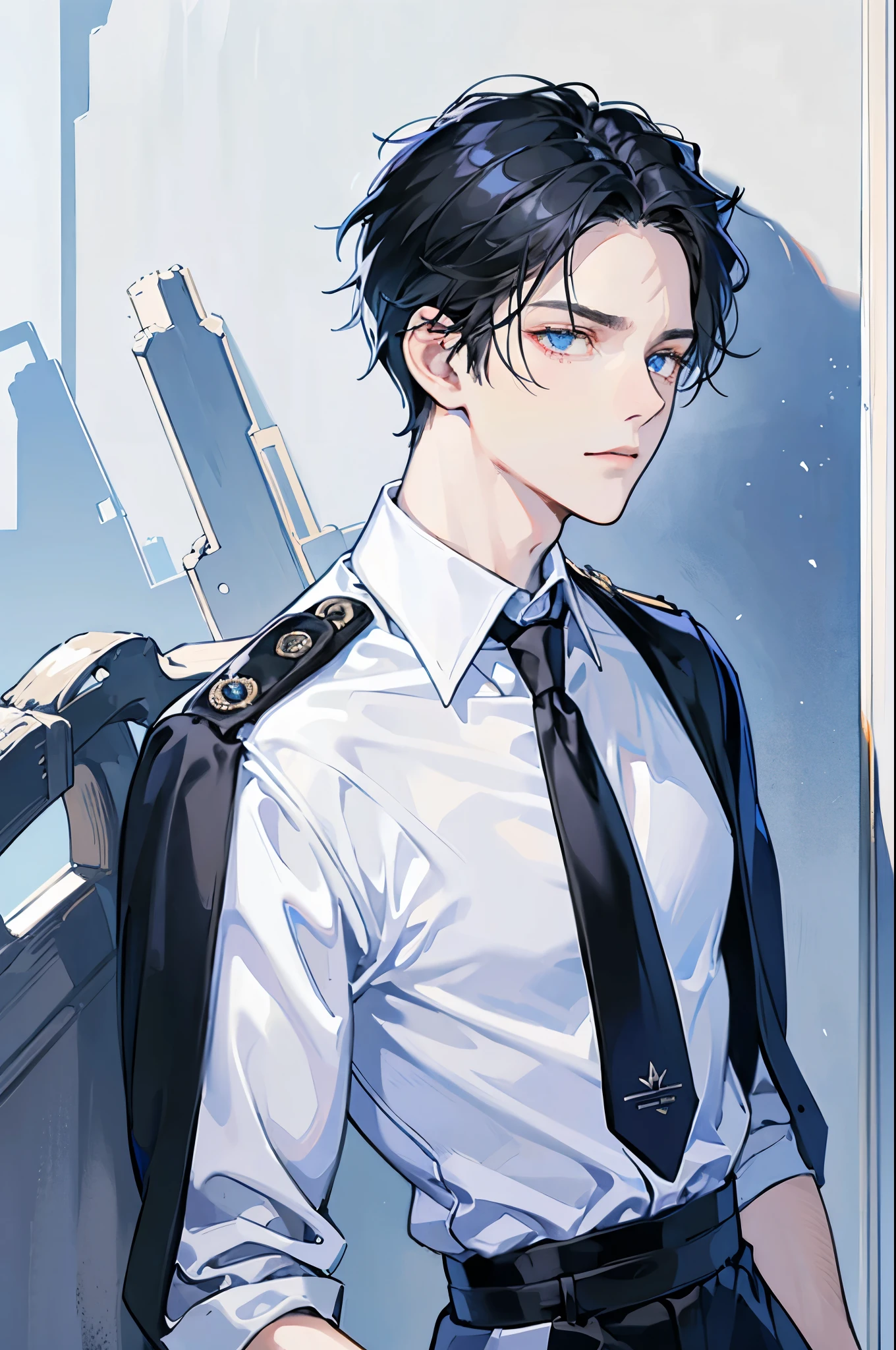 Man, jet black hair, deep blue sea eyes, white uniform, sleeves rolls up, black necktie loosen a little, leaning back against the wall 