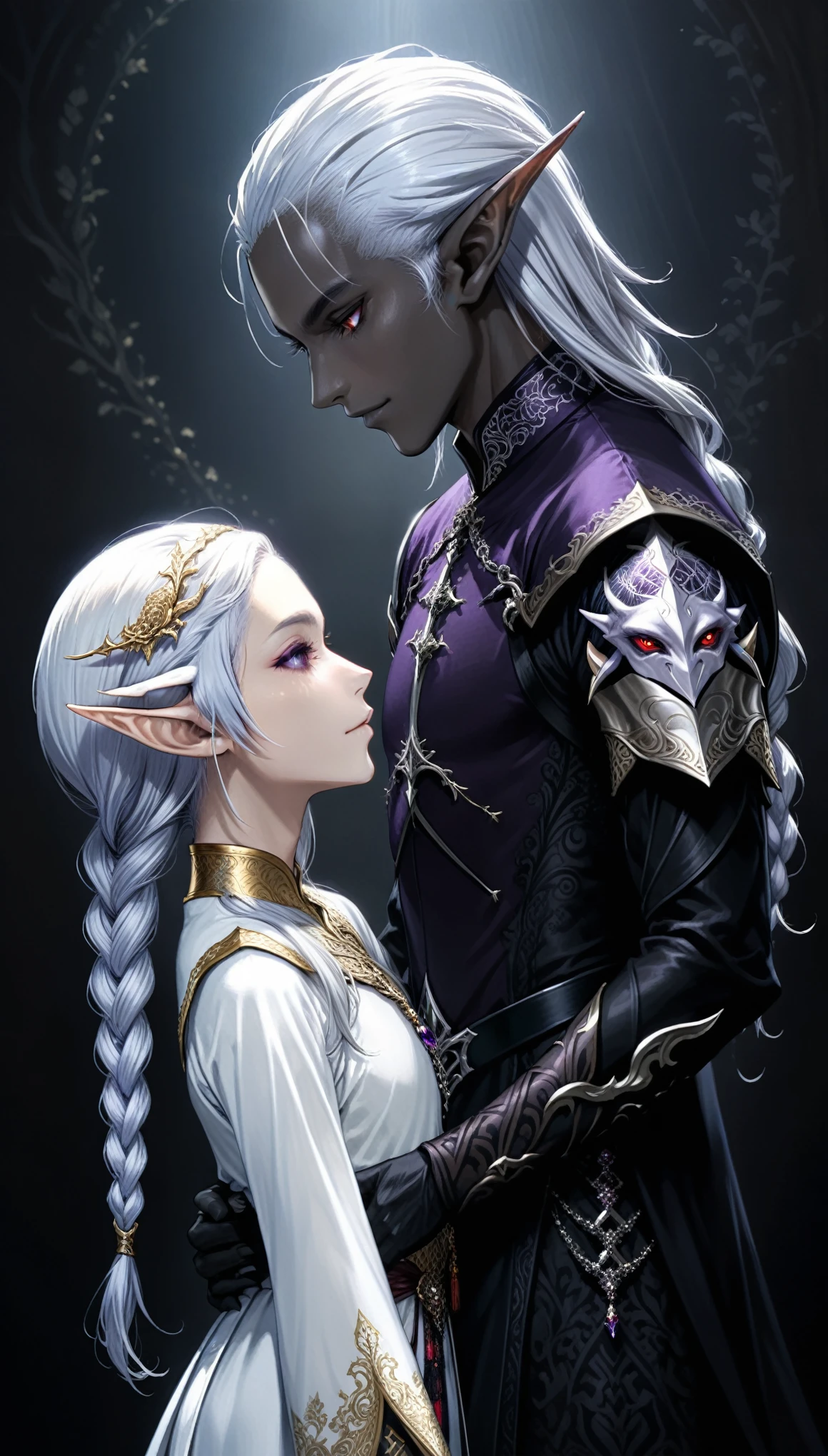 (in style of Takeshi Obata:0.9),
realist,(masterpiece, best quality, official art, beauty, Gothic, Tokyo Ghoul style:1.2),Very detailed,fractal art,Gorgeous,Zentangle,(Back-to-back),yinji,purple hair,purple eyes,long hair,white hair,double braids,gradient hair,Japanese folk style clothing,1 husband and wife,height_difference,(1 dark elf boy,1 white elf girl,poseing:1.8),