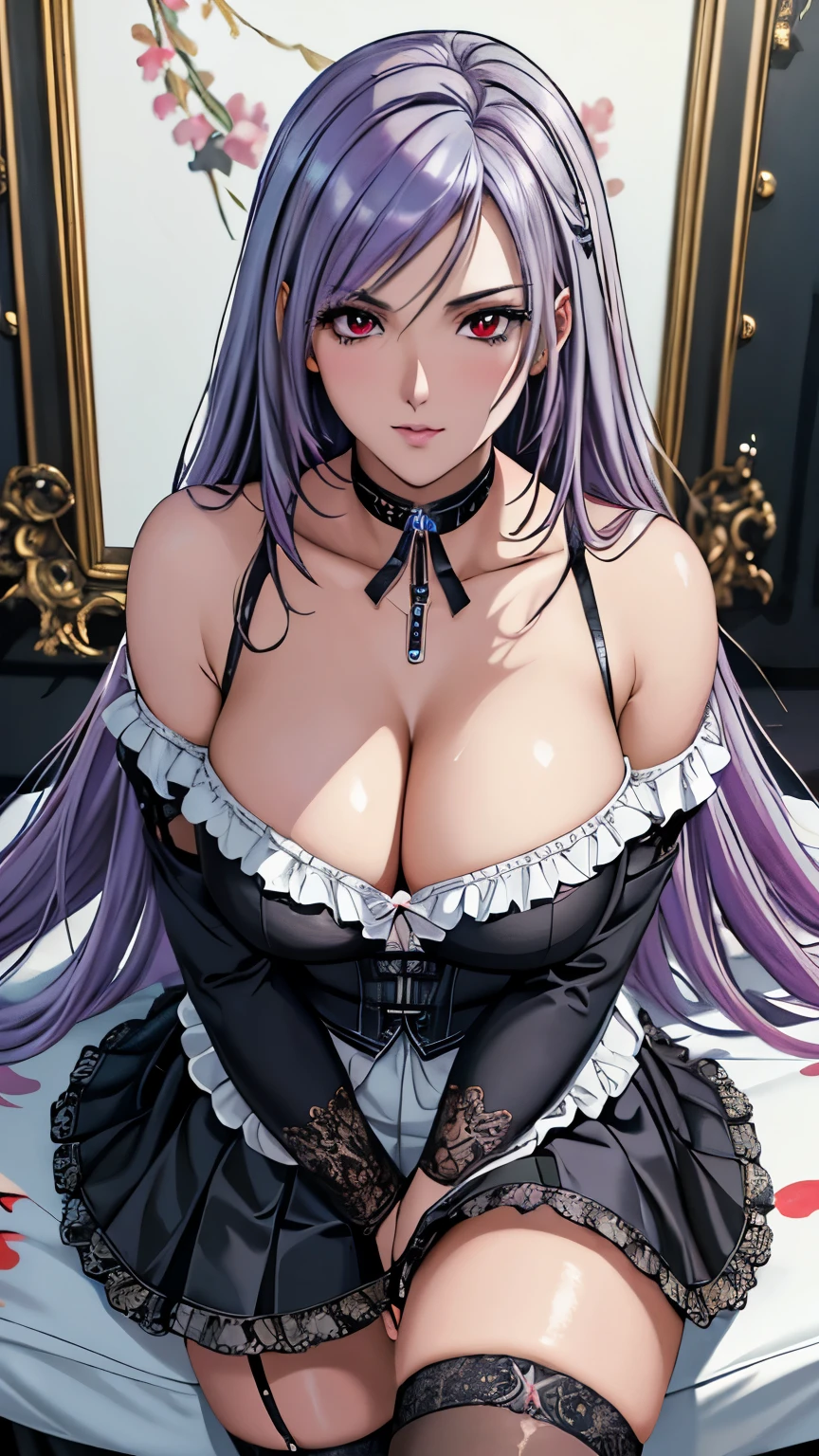 red eyes with slit pupils, (highest quality, masterpiece painting:1.3), immature woman, , (half body shot), masterpiece, ultra high resolution, (Photoreal:1.0), ((light purple hair)),straight hair, beautiful shining hair, white and shining skin, ((Ultra realistic details)), octane rendering, highly detailed face, (big breasts:0.8), (make a heart with hands), ((Highly decorative and complex mechanical steampunk fashion, black Lace Flare Mini Skirt, above the knee lace stockings, Lace Off Shoulder Lolita FashiOverly decorative fashion)), open neckline, cleavage, perfect body, soft skin, silver earrings, (pure white background:1.4), sharp focus, intricate details, professional artwork, (bright colors:1.1), bright colors, diffused lighting, digital blending, ultra-definition body, ultra detail hair, super detailed face, trending on pixiv, top button open, Cute gaze, compensate, perfect lips, perfect compensate, Ultra-precision coating, (light_smile:0.8), (Very embarrassed:1.2), blush your nose,
