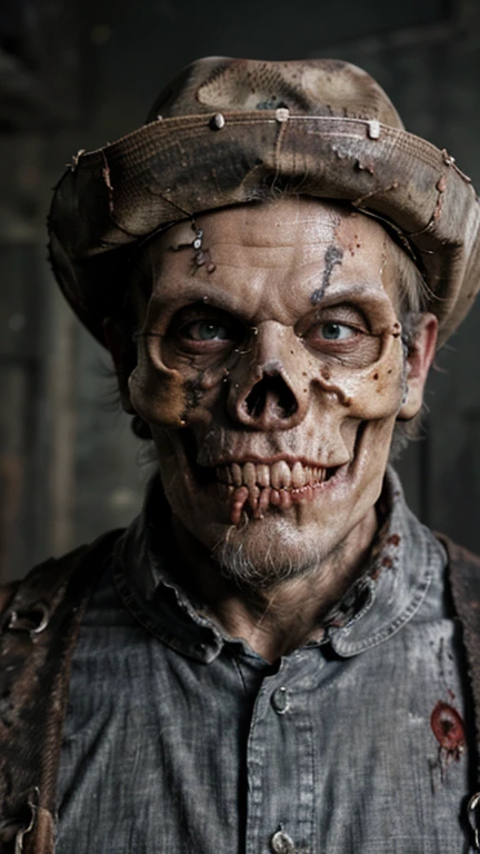 ((Decay skin)) Old zombie man, male, older male figure, ((skull face)), dreary, magnificent, fog, low key, at night, ((RAW photo, 4K, Realistic, Exquisitely Detailed Skin)), Masterpiece, Best quality, offcial art, Unity 8k wallpaper, Ultra detailed , (detaile zombie face),((bloody mouth)), rincled skin, (decay skin), ((pealing off skin decay)),((detailed skull under skin)), detailed decay skin, looking at the camera, ((grey long beard)), dirty red and black flannel shirt, old black cowboy hat, ((cowboy hat)), masterpiece, best quality, extremely detailed eyes, cinematic lightning, intricate detail, highres, official art, finely detailed face, high resolution illustration, 8k, depth of field, ((zombie)), short white hair and blue eyes, short white hair, detailed blue eyes, chaotic city, upper body, looking at viewer, post apocalyptic background, zombie decay skin, detailed face decay, decay, terror,((skull decay face)) scary looking, extremely detailed eyes, extremely realistic photo, extreme terror, midnight moon, ((long white beard)), gothic look older nale zombie (((bloody mouth))) ,( pulling knife out hes head)