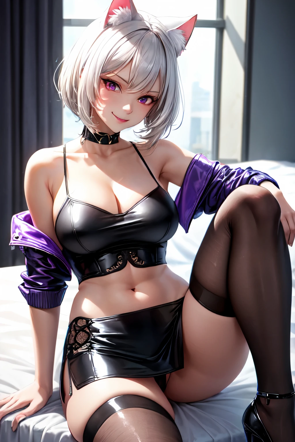 (best quality)), ((masterpiece)), (detailed), perfect face, white hair, white cat ears, white cat tail, DD cup breasts, thick thighs, crazy love eyes, glowing red eyes, smirking, purple latex off the shoulder jacket, purple spaghetti strap short crop top top, black pencil skirt with a slit on the right thigh, thigh high lace intricately decorated stockings, high heels, sitting on a bed, 