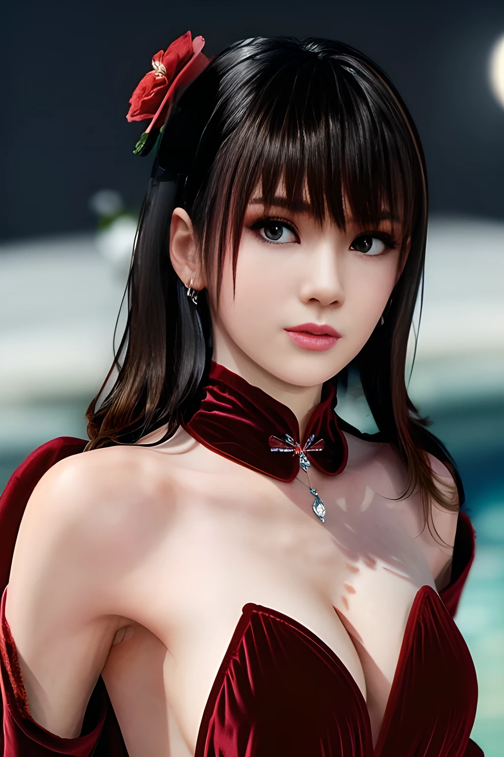 1girl,(RED theme: 1.2), (Velvet fabric Wedding dress: 1.2), (Ice flower Robe: 1.5), ,garden,moon,huge breasts,lactating,(lip gloss),(masterpiece), best quality, (real life portrait photography:1.5),unltra detailed,8K,Shot with a professional-grade camera like the Nikon D850,every intricate detail is captured, from the subtlest expression to the glimmer of anticipation in her eyes,,nanami
