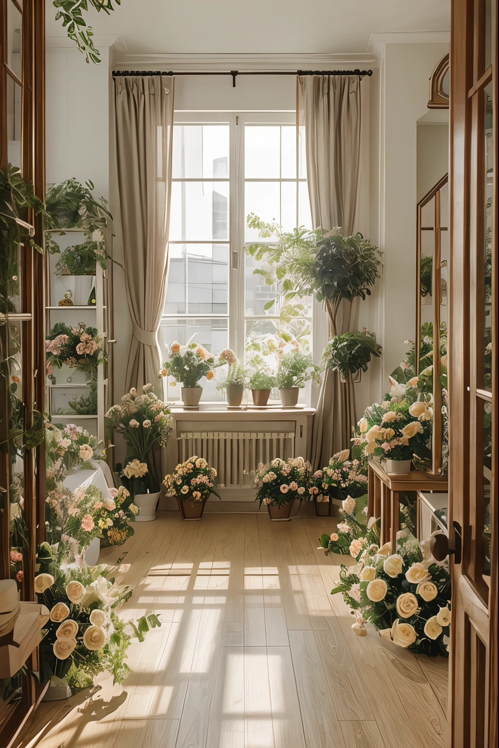 Flowerist,, yellow flower,curtains, table,
