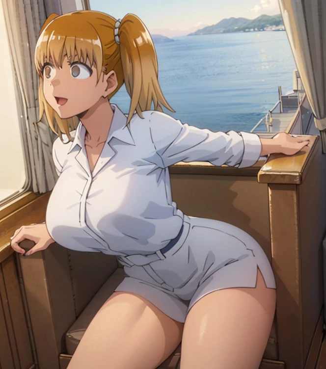 very detailed, high quality (medium long shot), illustration from the anime Ijiranaide Nagatoro San, of the character Yoshi, very voluptuous body, very thick thighs, large breasts, wide hips, v-shaped body, in a cabin on a cruise ship