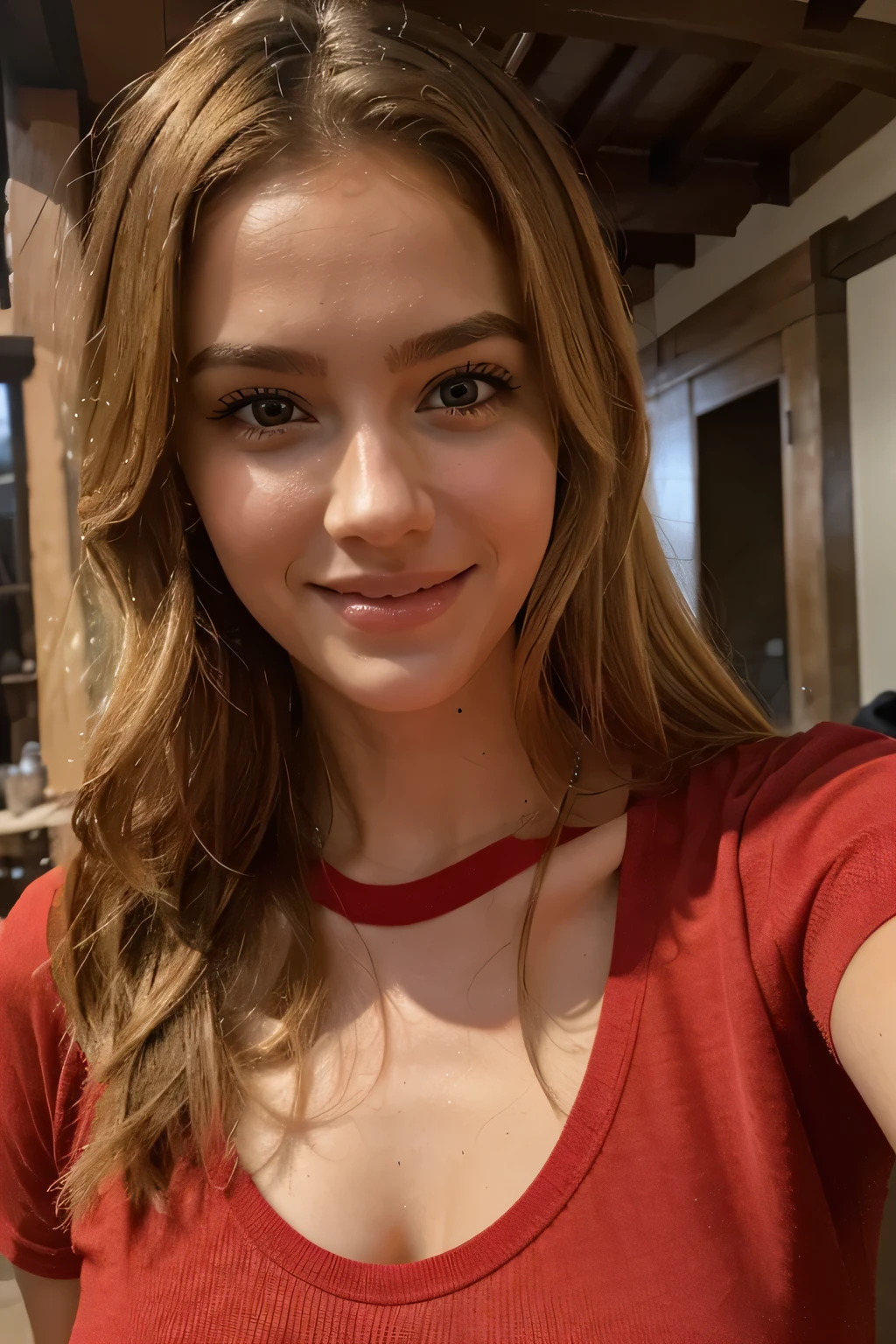 girl, selfie, smiling, high quality, blonde hair, red shirt, 30 years old, extremely detailed, raw,realistic