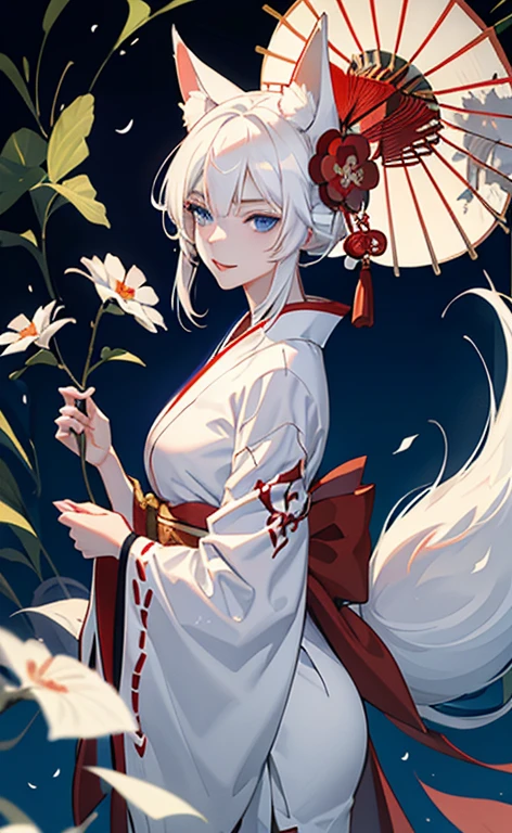 Oiran、Longhaire、White hair、Bright blue eyes、Colossal 、A sexy、lascivious、White kimono、Futomo、white dougi、Healthy skin、Nine-tailed white tail、Fox ears、slight smile