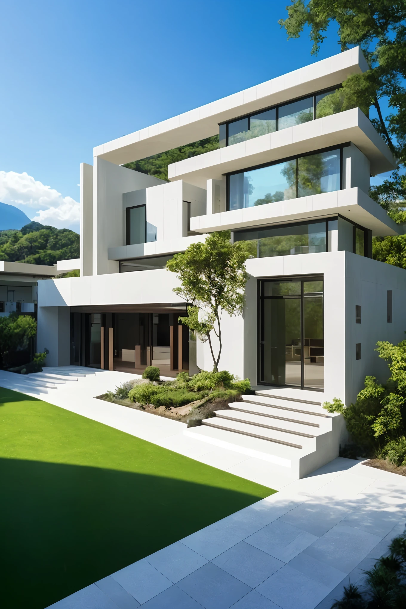 A spectacular masterpiece of a property exhibition stand design, meticulously crafted for an immersive and captivating experience. (masterpiece: 1.4, best quality) This breathtaking creation showcases a harmonious blend of modern and traditional architectural elements, showcasing a variety of properties in a visually stunning manner. (high quality, extremely detailed CG unity 8k wallpaper, scenery, outdoors, sky, cloud, day, no humans)
The design features sleek, modern buildings interspersed with ancient-styled structures, set amidst a backdrop of lush foliage, tranquil bodies of water, and breathtaking mountain v