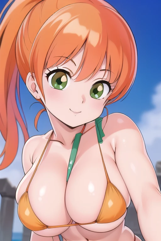 masterpiece,best quality,ultra detail,close up, girl, smile,Cream Lemon Caron,1girl,ruins,orange hair,long ponytail,green eyes, ((red bikini))