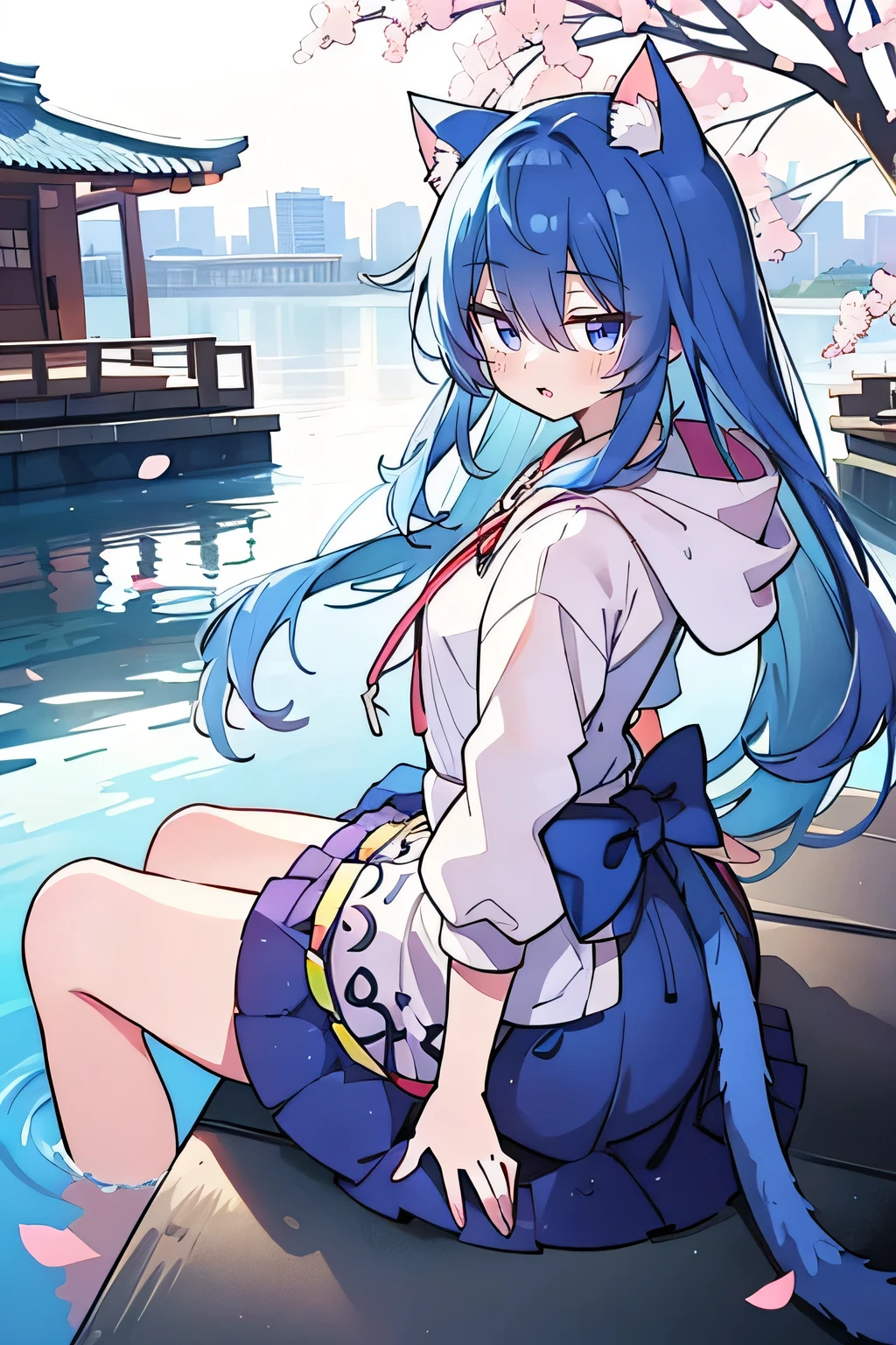 （masterpiece：1.2），Super detailed，lifelike，Expressive eyes，fair skin，perfect face shape，1 girl，
Japanese comics,Gorgeous blue hair,flowing blue hair,flowing clothes,Cat ears,Petals fall,beautiful lola,Baby Angel,
Shaking head with one hand，Cross your legs，Gentle and peaceful background，The pavilion is cool and comfortable,smile, wearing hoodie, background of tokyo,back views,snowing, winter,lie on the water.