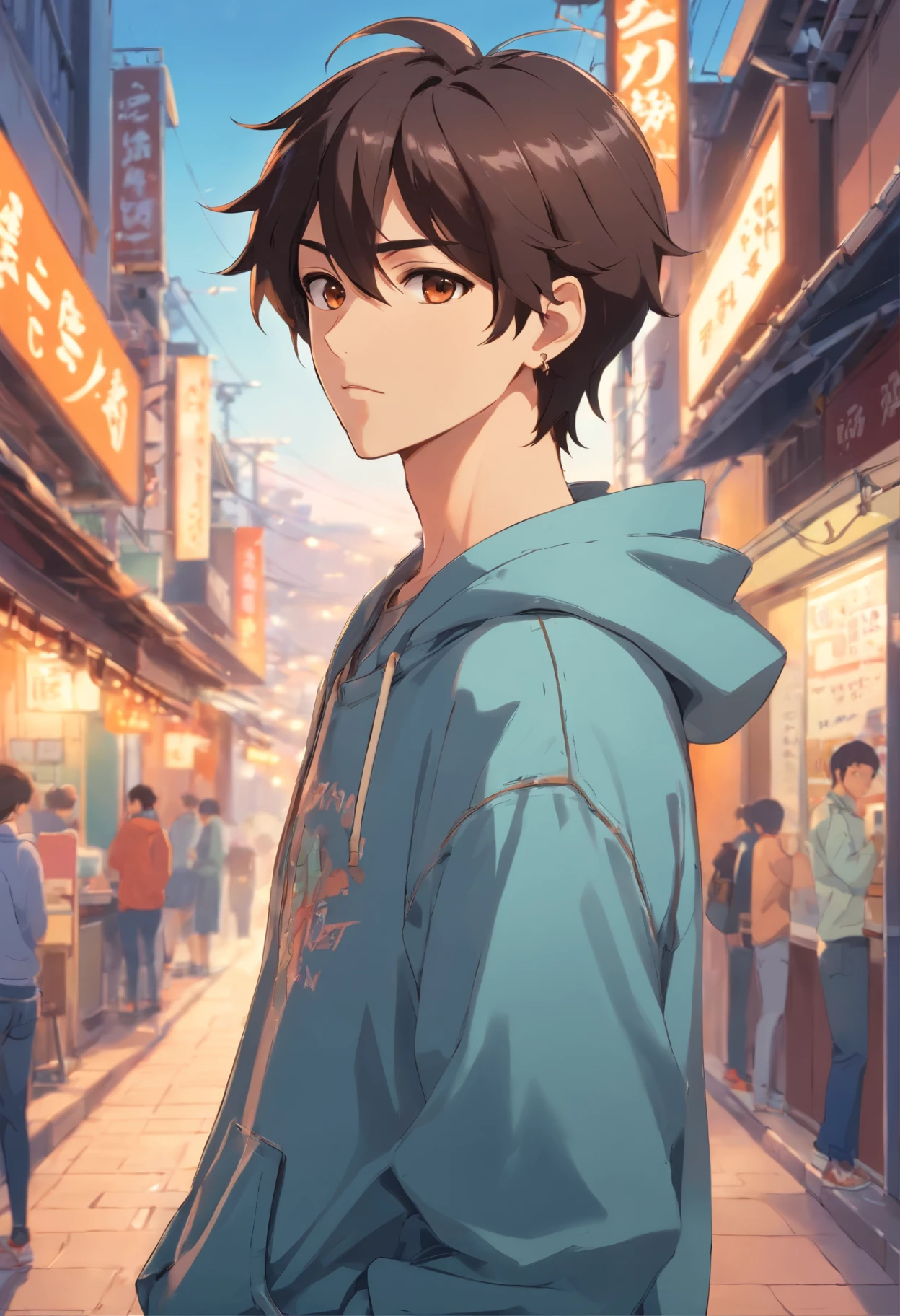 male character, 32years old, A dark-haired, Brown-eyed, earrings in the ears, beautidful eyes, hooded sweatshirt, arm tatoo, Denim Jeans Pants,full bodyesbian,De front