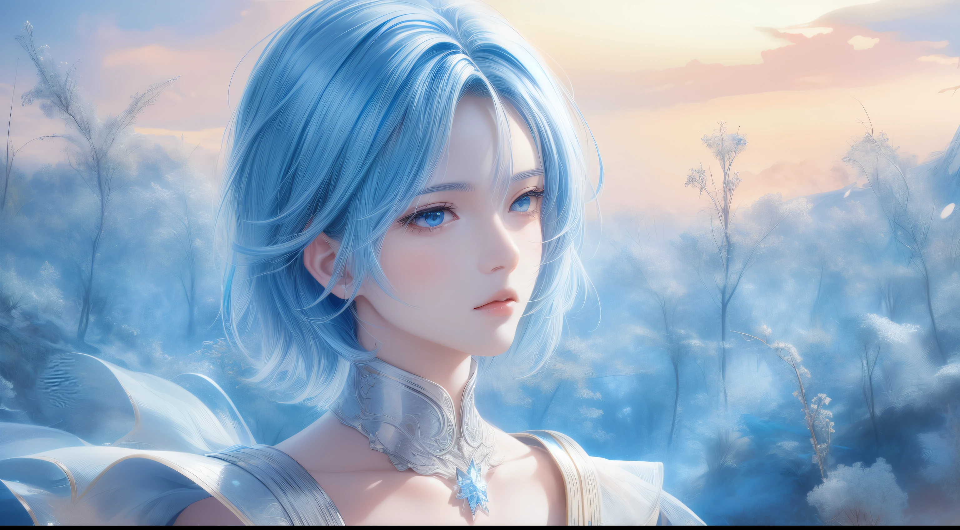 high quality,1 girl，short hair, Super detailed CG illustration of a young man with a calm expression, Stare into the distance，His striking light blue hair blew gently in the desert breeze. The landscape behind him is vast and stunning, Taking viewers into a world of wonder and discovery.More ideas