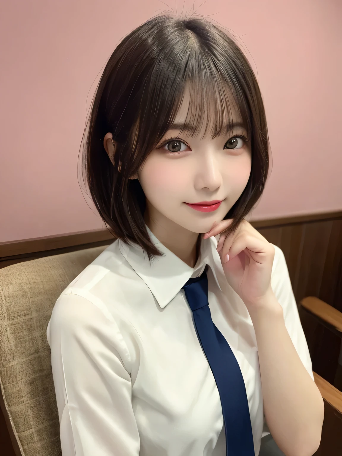 highest quality, figure, sexy、slender、Navy blue tie、White shirt、Navy blue exy very detailed, Fine details,Slim body、slender、Japanese girl、 High resolution, 8k,wallpaper, Perfect dynamic composition, Beautiful fine details, Short Bob Hair、,Big Natural Color Lip, Bold sexy pose,smile、Cold Stare,20-year-old girl、Cute type、Lolita、Good Eyes、whole body,Pink wall,Sitting on a chair、Sexy thighs are visible、