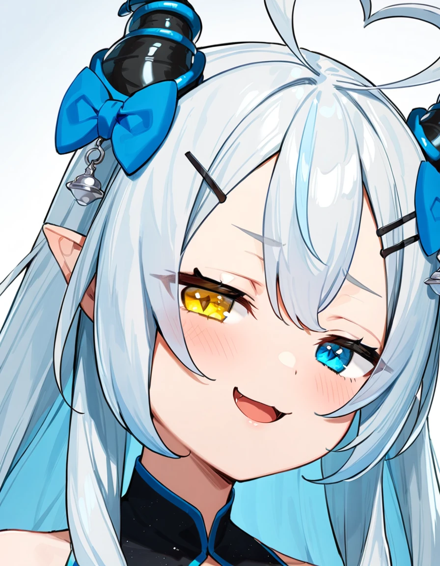 1girl, akugaki koa, idol es, heart ahoge, blue bow, blue eyes, yellow eyes,heterochromia, open mouth, pointy ears, portrait, horns, looking at viewer, smug, hairclip, heart ahoge, hair bow, masterpiece, best quality, very aesthetic, absurdres