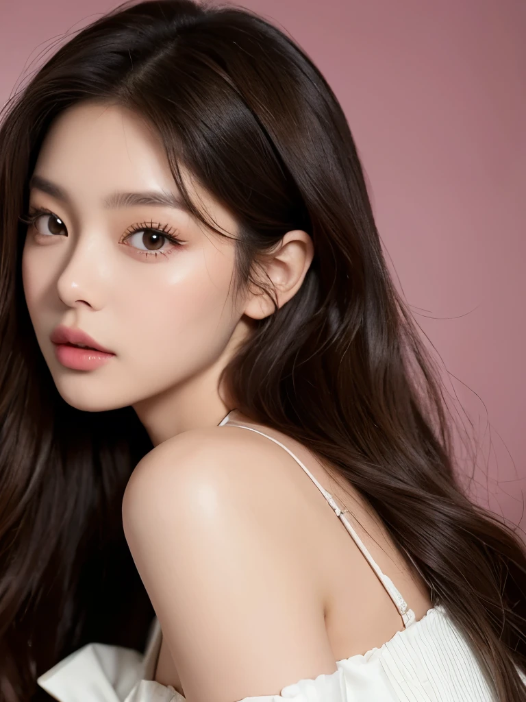 Kim Jennie with dark brown hair, con el cabello trenzado, with little curlers in her hair, with light brown eyes, ojos bonitos, with long and beautiful eyelashes, cejas perfectas, thick heart shaped lips with cupid's bow, crimson lips, piel bonita, piel blanca y palida,con tonos rosas, with a natural blush and soft crimson color, con un maquillaje ligero, con pecas y lunares en sus mejillas, nariz respingada y bonita, button nose, nariz bonita, mientras esta tomando una coca-cola, (pechos grandes, pechos bonitos, pechos suaves, escode desnudo), while sitting in an armchair, mirando a la camara, foto bonita, selfie