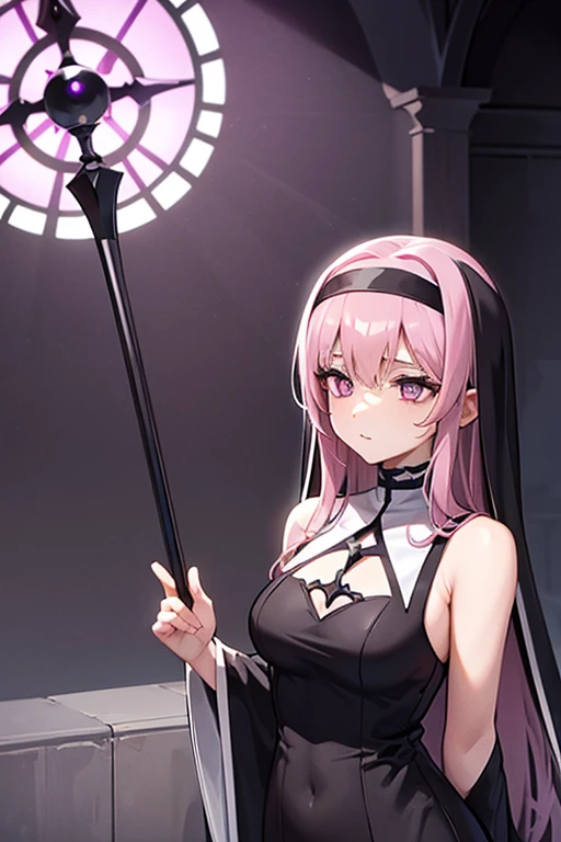 A pink haired nun with violet eyes with an hourglass figure in gothic robes is spinning her scythe in an ancient church