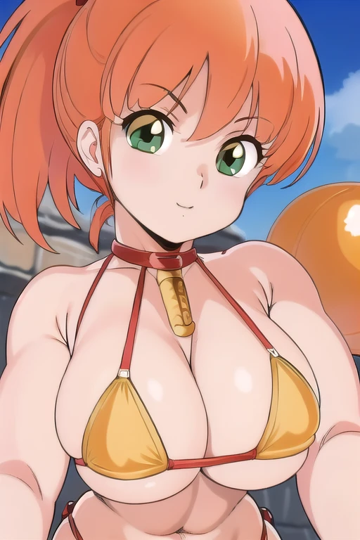 masterpiece,best quality,ultra detail,close up, girl, smile,Cream Lemon Caron,Bikini Armor,1girl,ruins,orange hair,long ponytail,green eyes, ((red bikini))