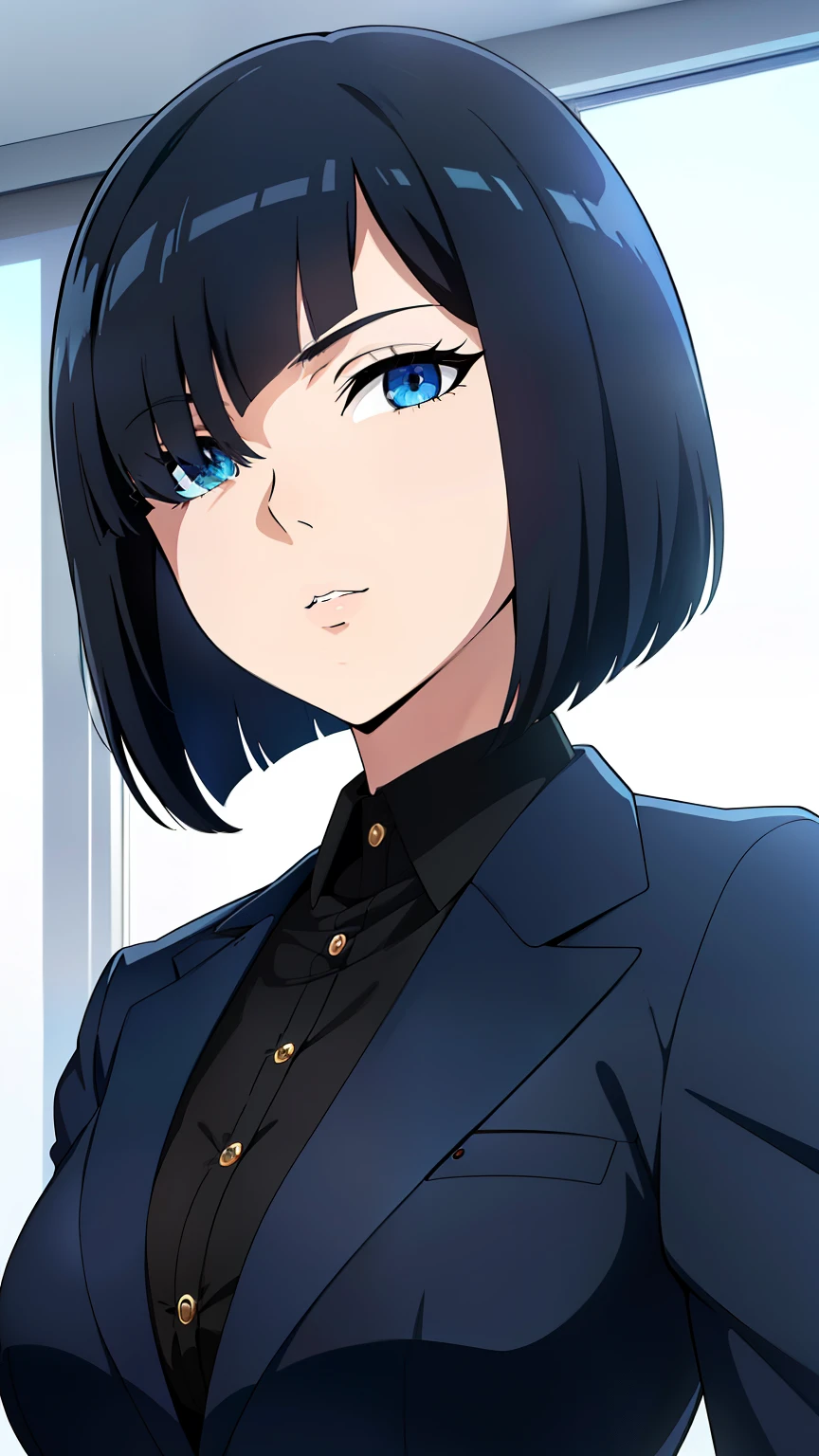 (best quality:1.5, highres, UHD, 4K, detailed lighting, shaders), black hair, bob cut, hair covering one eye, cool woman, cool girl, sharp eyes, blue eyes, beautiful, bedroom background, formal wear, (pov, close shot)