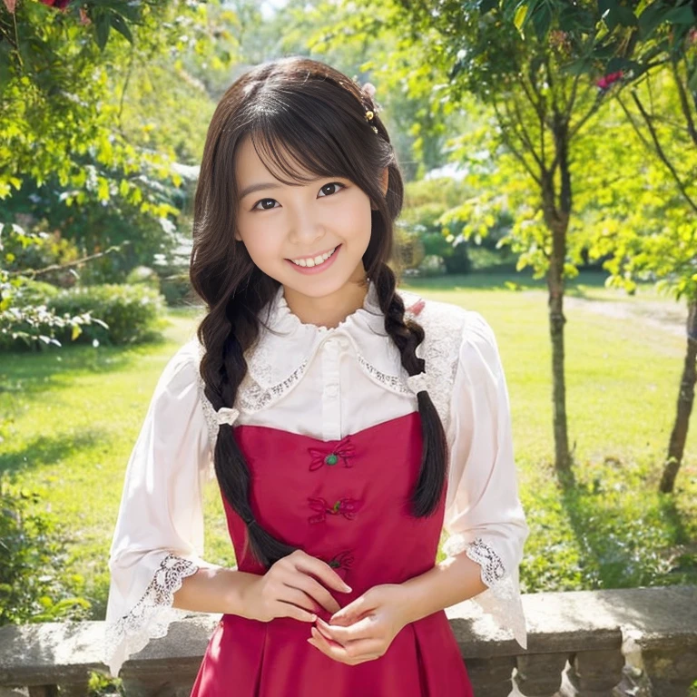photo realistic, , photo of over the knees:1.2, from below, medium wide shot, a Japanese pretty girl, smile, double teeth, pretty face, happy, eye contact, 14-year-old, double braid, small breasts, flat chest, wearing a gold satin dress, pretty dress with many frills and laces,  Lace Ruffle Gathered Blouse 
,A large lace ruffle that spreads softly
Colors, the area around the face
In the center of the eye-catching ribbon,
Make it more gorgeous with a heart bijou button ,Lace cuffs and stand collar
,It gives a crisp impression