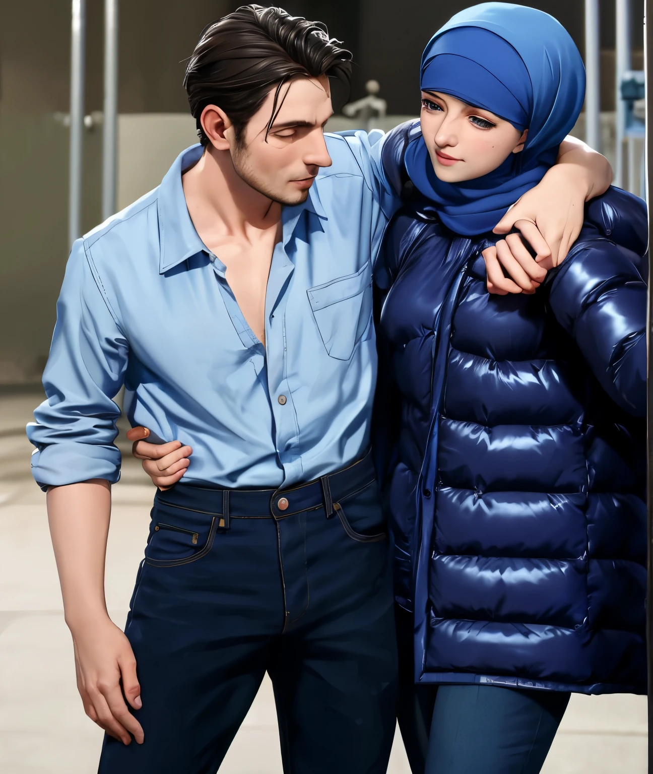 A young German man in a blue cotton shirt and jeans and a Syrian woman in a shiny plastic quilted coat and blue satin headscarf stand arm in arm in front of a refugee shelter, A German man in a cotton shirt and jeans is injured and is supported by a Syrian woman, A Syrian woman wearing a shiny plastic down coat supports an injured short-haired man, der nicht alleine gehen kann, A Syrian woman wearing a headscarf holds an injured short-haired man in her arms, Mitleid, Unfall, Verletzung, Erste Hilfe, Theater, ultra-realistisch, Foto