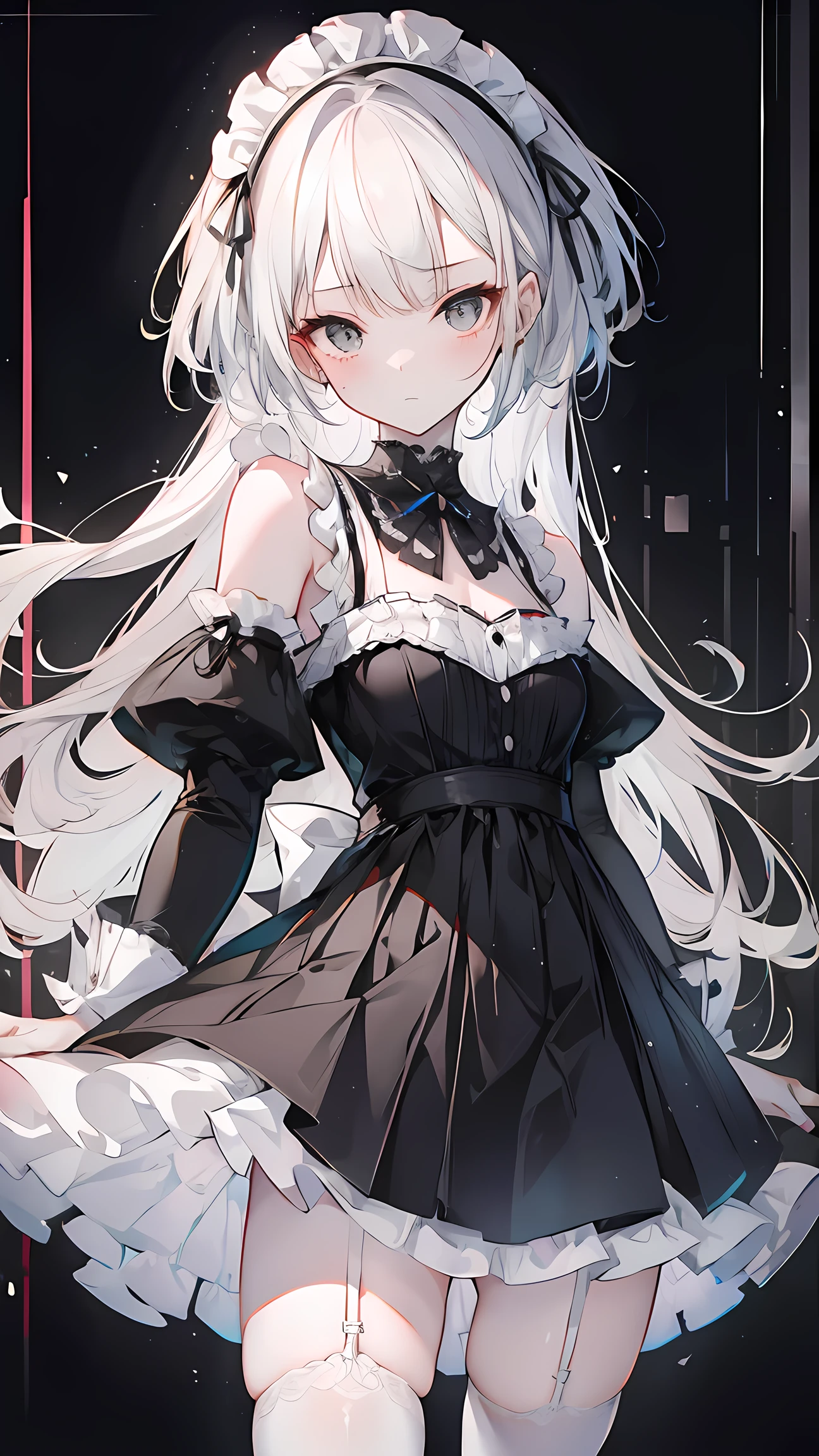 high-level image quality、top-quality、Detailed drawing、Reddening cheeks、Slender adult beauty、Maid clothes、Small eyes、kneehigh、Stockings、B cup，Silvery-white hair，double tails，Gray-black pupils，Pupil highlight，Shoulders exposed，Quiet and spacious study，Potted greenery，Maid with leg rings，（panties are visible：1.5），white  panties，Lift the hem，nsfw