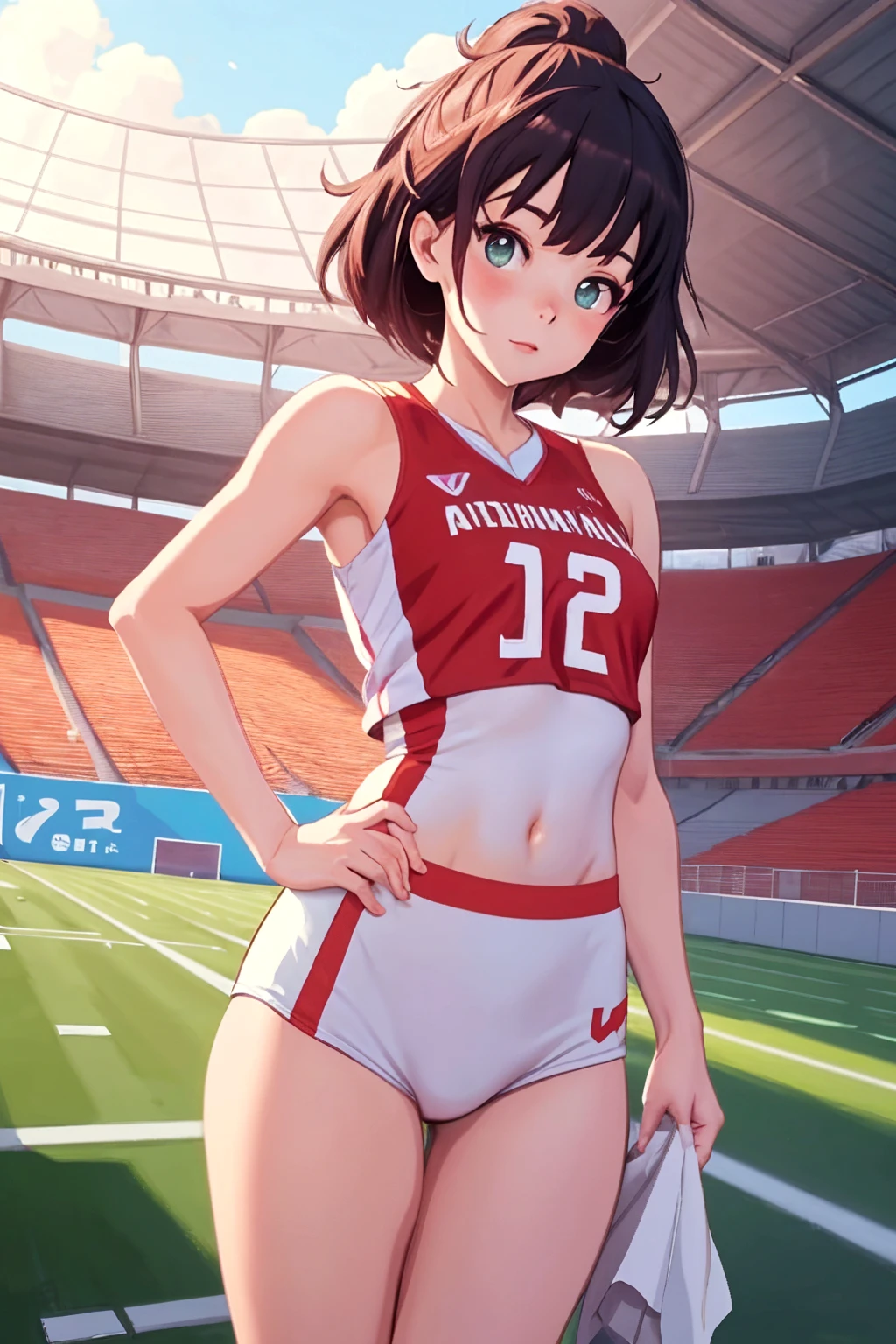 masutepiece, Best Quality, Ultra-detailed, Illustration, extremely delicate and beautiful,High resolution, Ultra-detailed,,Perfect face,Slender Perfect Body, Tight belly,Toned buttocks,Constricted waist,,(Two girls running,dash:1.5), student,(1 girl with pink hair,One girl with gray hair), (Very short hair from one girl,One girl with long braid hair), Shy daughter, Short stature, small tits,(Flåm Athletics Stadium), (Fashionable track and field athletes),(Boomerang Shorts)、(High-leg shorts), small tits, (Wet:1.2), track and field,((Very Wide Shot )),(Cameltoe),( Visible through clothes)、(clean legs),childishオマンコ、The shape of the pubic area is clear、rather small breasts、flat breast、{{The costume is sheer}},{},{{The pubic area is protruding}}、{{Pubic area exposed}}、{Costume with visible nipples},,{Papillae visible through clothes},{Pink papillae}、pointed papillae 、{{pointed Nipple}}、オマンコthe shape of the is clear、