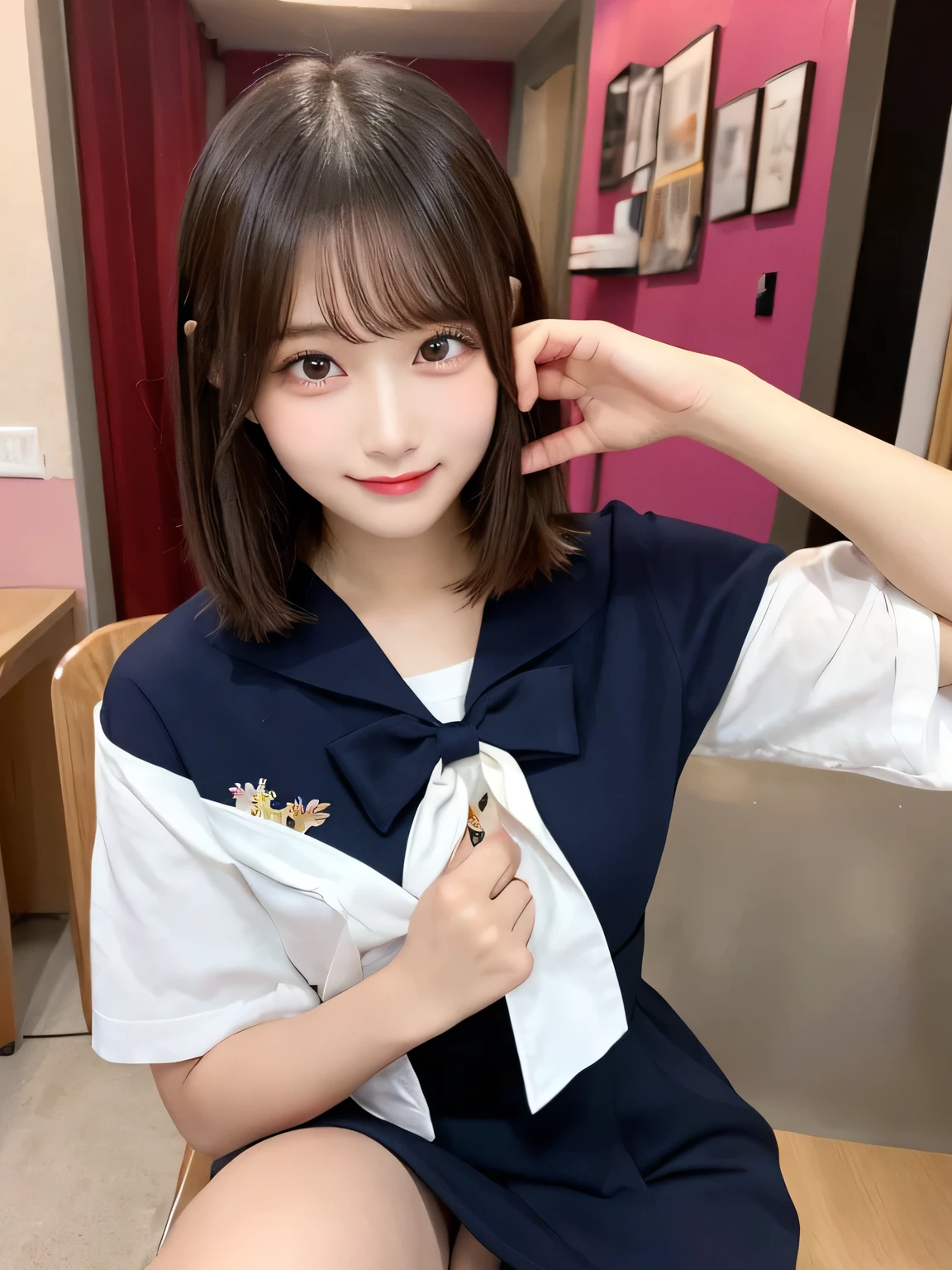 highest quality, figure, sexy、slender、Sailor suit、Navy blue exy very detailed, Fine details,Slim body、slender、Japanese girl、 High resolution, 8k,wallpaper, Perfect dynamic composition, Beautiful fine details, Short Bob Hair、,Big Natural Color Lip, Bold sexy pose,smile、Cold Stare,、Cute type、Lolita、Good Eyesle body,Pink wall,Sitting on a chair、sexy、I can see your thighs、