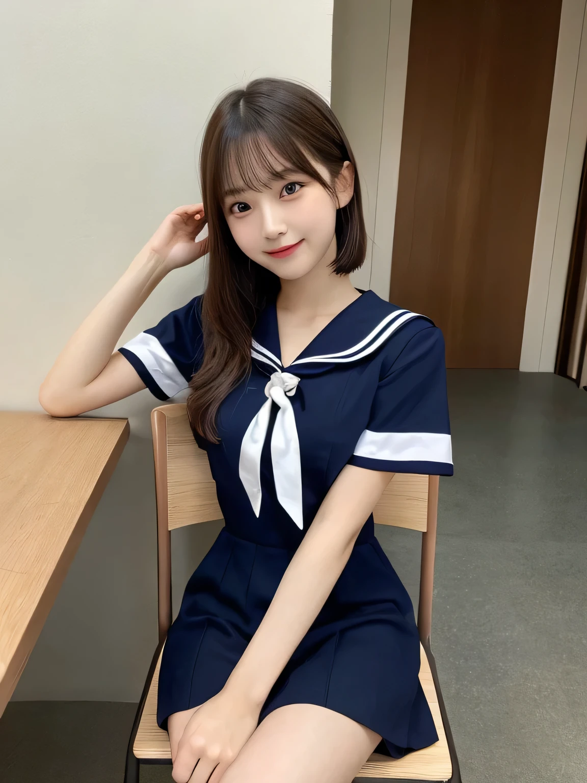 highest quality, figure, sexy、slender、Sailor suit、Navy blue exy very detailed, Fine details,Slim body、slender、Japanese girl、 High resolution, 8k,wallpaper, Perfect dynamic composition, Beautiful fine details, Short Bob Hair、,Big Natural Color Lip, Bold sexy pose,smile、Cold Stare,-yeld giCute type、Lolita、Good Eyes、whole body,Pink wall,Sitting on a chair、sexy、I can see your thighs、