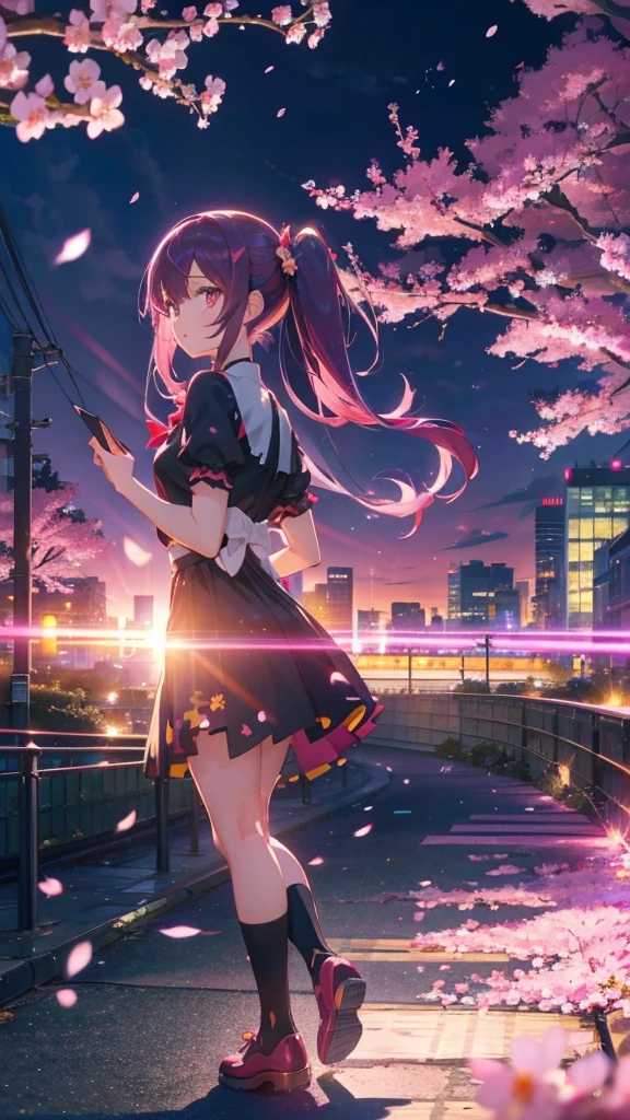 1 anime girl, alone,Black petals flutter, A mysteriously shining butterfly.city,bright pink hair,red gem eyes,long twin tails,thin legs,very clear,highest quality,Cherry blossoms all around,city,Sakura Miku,beautiful morning,Asahi,close up face,Sunny,jumping,whole body,holding a letter in hand,library