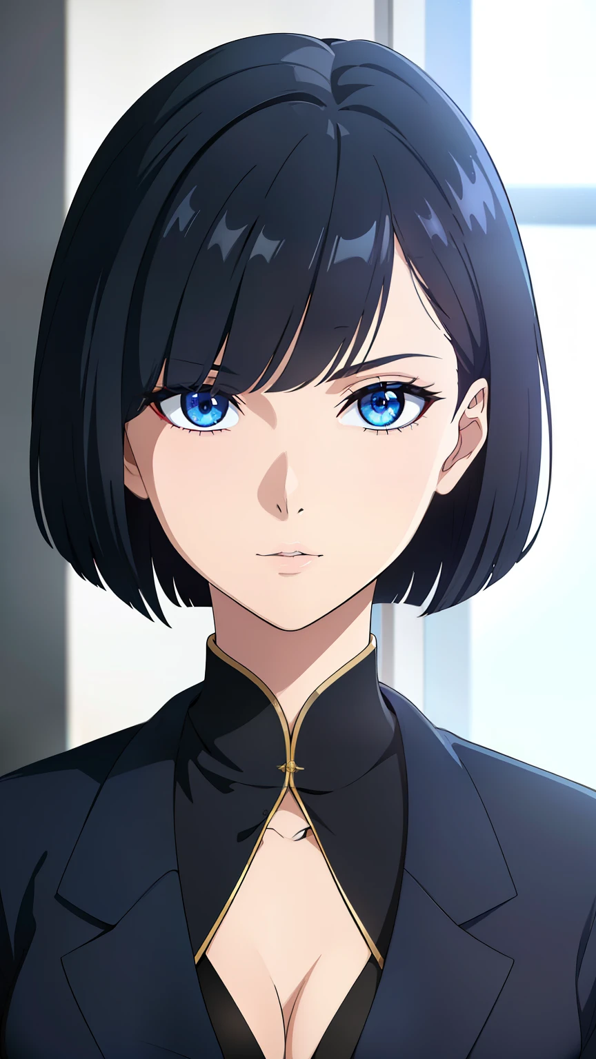 (best quality:1.5, highres, UHD, 4K, detailed lighting, shaders), black hair, bob cut, hair covering one eye, cool woman, cool girl, sharp eyes, blue eyes, beautiful, bedroom background, formal wear, (pov, close shot)