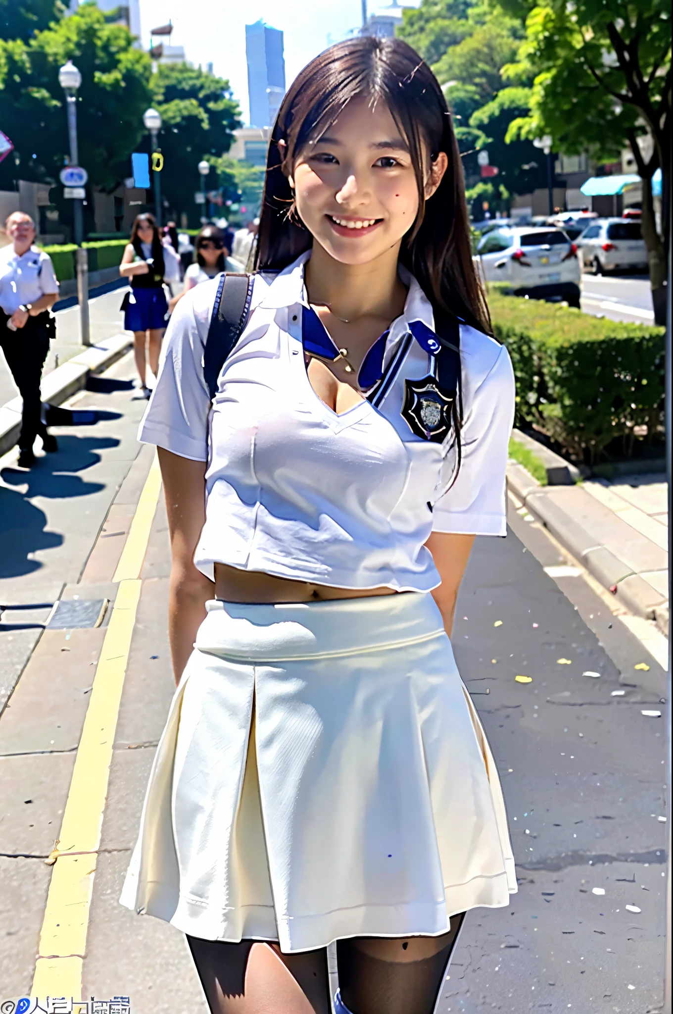 ((highest quality)), ((masterpiece)),((Flip up the skirt)),((Showing white panties)),(detailed), Perfect Face, A 20-year-old as cute as a -yeld id A kind smile, Female police officer, Police uniform, mini skirt, Cleavage,  whole body, City Sidewalk, Genuine stick, Genuine、Genuine