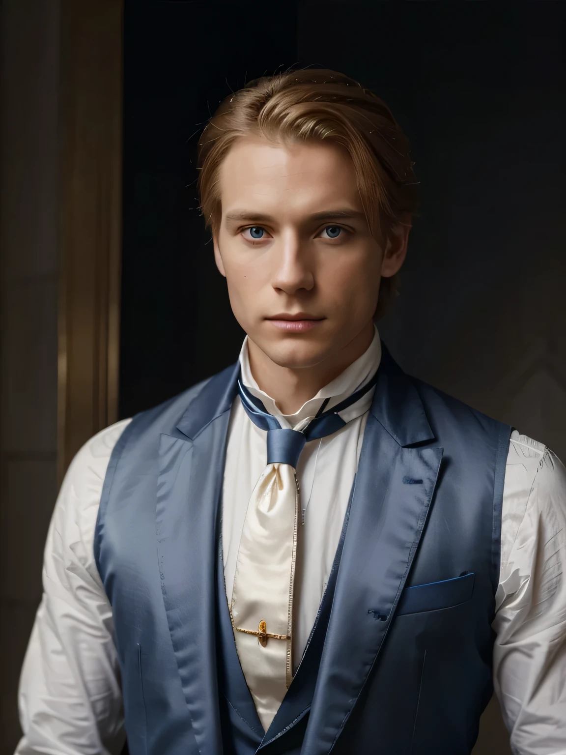 Joseph Smith,peau blanche, golden hair, carefully combed, yeux bleus brillants, gilet en tapisserie sombre de 1840, cravate en satin blanc, portrait, Realistic, aux chandelles