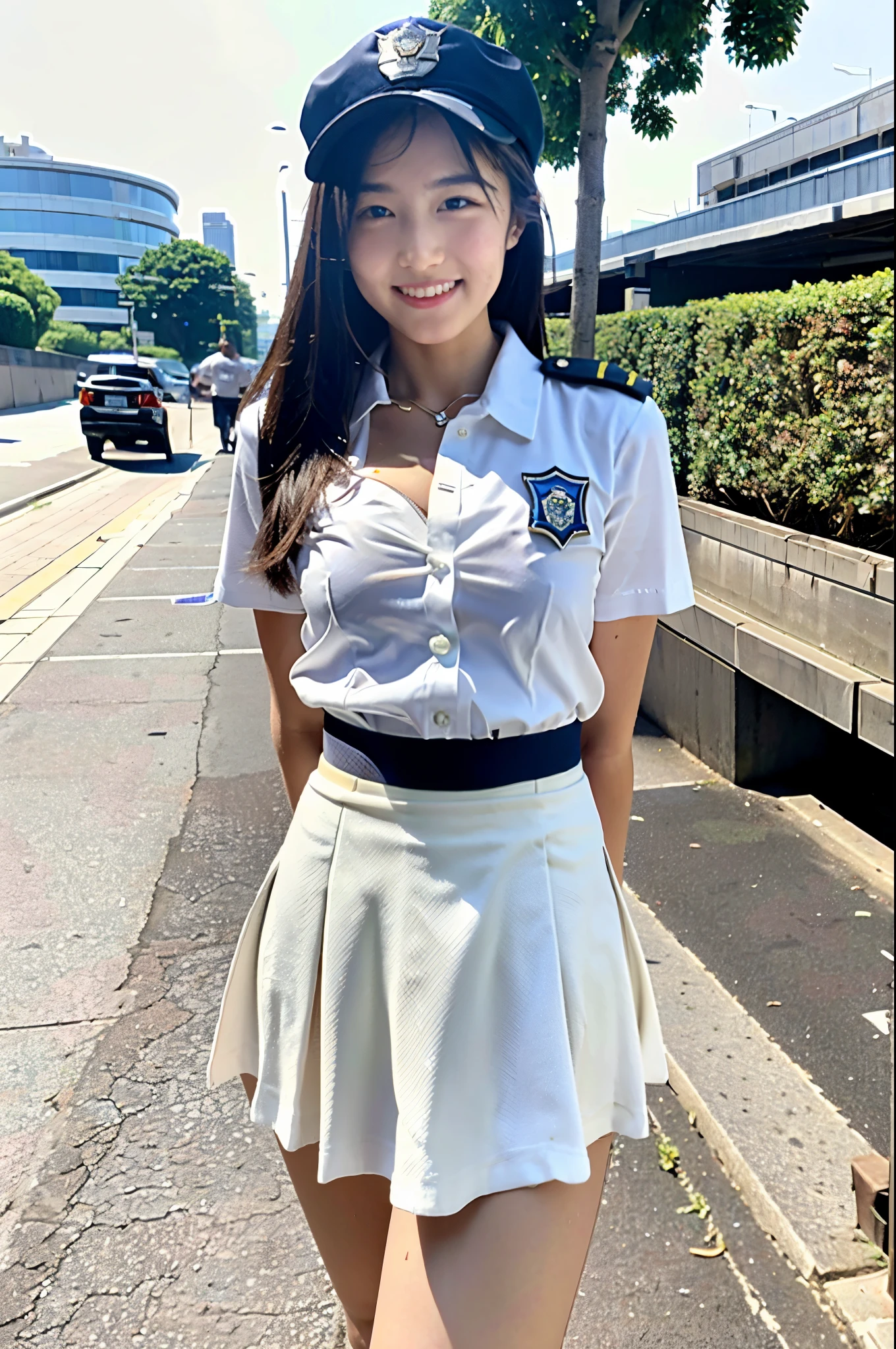 ((highest quality)), ((masterpiece)),((Flip up the skirt)),((Showing white panties)),(detailed), Perfect Face, A 20-year-old as cute as a 15-year-old idol, A kind smile, Female police officer, Police uniform, mini skirt, Cleavage,  whole body, City Sidewalk, Genuine stick, Genuine、Genuine