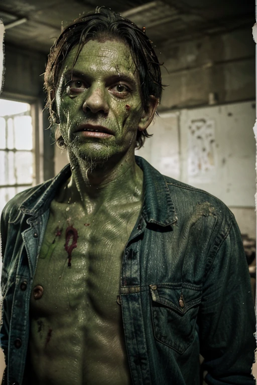 Zombie, male, middle-aged, decay, green skin, dirty whole body, very tattered clothes, looking at iPhone screen, touching iPhone, dirty skin 